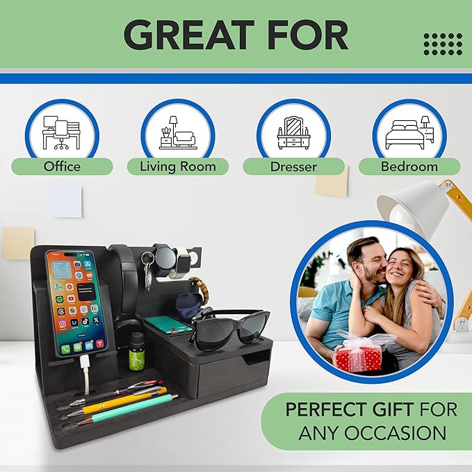 Nightstand Organizer- Bedside Docking Station for Men- Unique Gifts for Husband, Father or Dad from Wife, Son or Daughter- Desk Organizer for Phone, Watches, Wallet & Accessories (Black)