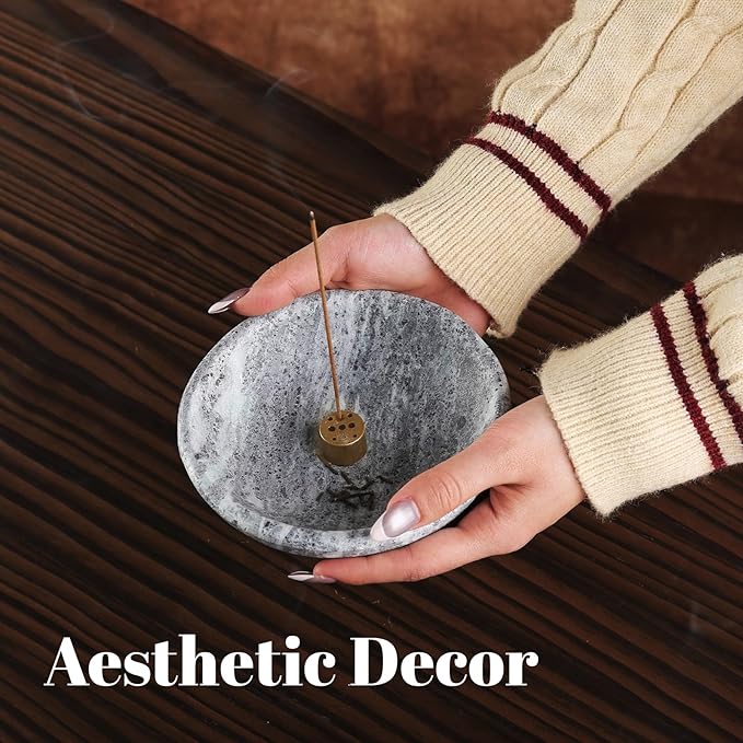 Koville Natural Marble Incense Holder, Incense Holder for Sticks with 9 Holes, Handmade Incense Burner Ash Catcher for Meditation Yoga SPA, Balsam Fir/Palo Santo/Sage/Cone (Grey)