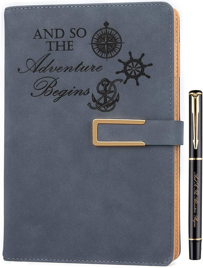 Fanery Sue Refillable Adventure Travel Journal For Women & Men Faux Leather Hardcover A5 Travel Notebook College Ruled 200 Lined Pages Lay-Flat Diary With Pen & Magnetic Buckle(Adventure - Blue
