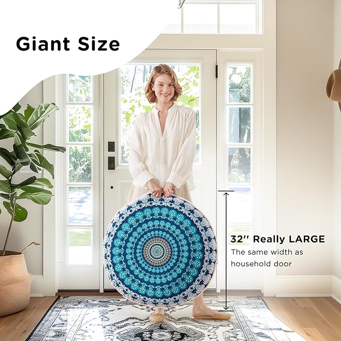 Codi Meditation Floor Pillow Set of 2, Round Large Pillows Seating for Adults, Bohemian Mandala Circle Cushion for Outdoor Fireplace Yoga Living Room, 32 Inch, Memory Foam Added, Navy