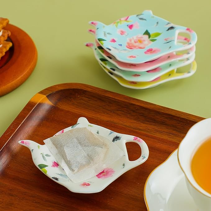 Porcelain Tea Bag Coasters, Floral Used Tea Bag Holder, Set of 5 Tea Bag Plates Floral, Teaspoon Rest, Tea Bag Rest Dish, Tea Party Gifts