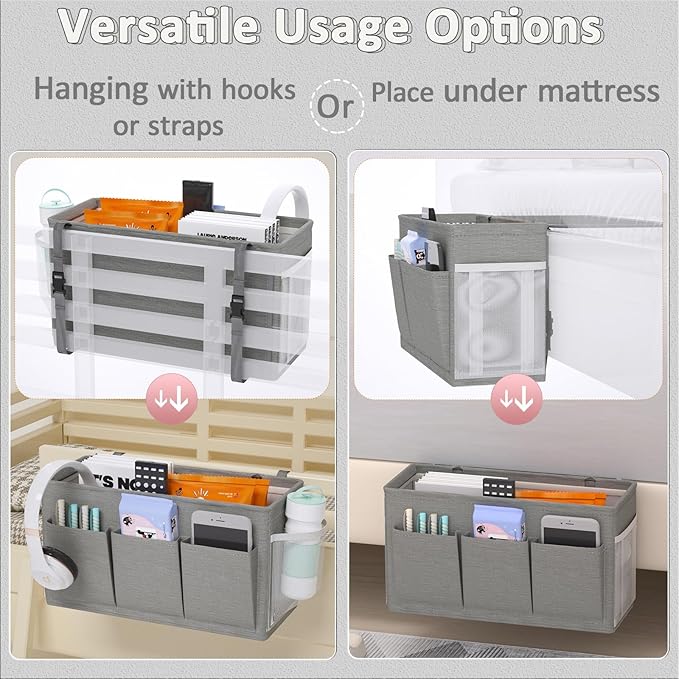 Dual-purpose Bedside Caddy Bedside Organizer, Bed Caddy with 6 Pockets, Versatile Bedside Storage Solution Magazine Remotes holder, ideal for Home, Dorm, Hospital, Crib Bed (Grey 2pcs)