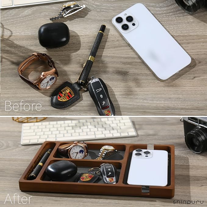 Shinpuru Wooden Valet Tray with Leather Inlay - Nightstand & Desk Organizer - EDC Essentials Catchall Tray for Keys, Phone, Wallet, Watch, Earbuds - Stylish Storage (Wood-Pen)