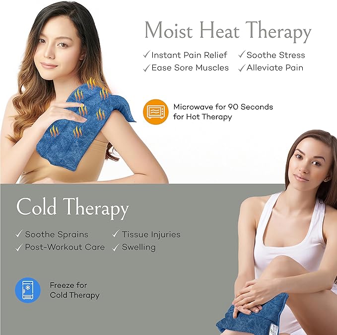 SacksyThyme Microwave Heating Pad for Back, Neck, Menstrual Cramps, Shoulders, Leg Pain Relief - Hot Moist Microwavable Therapy Pack - Blue Unscented Flaxseed Heat Pad Made in USA (Size: 18” x 7”)
