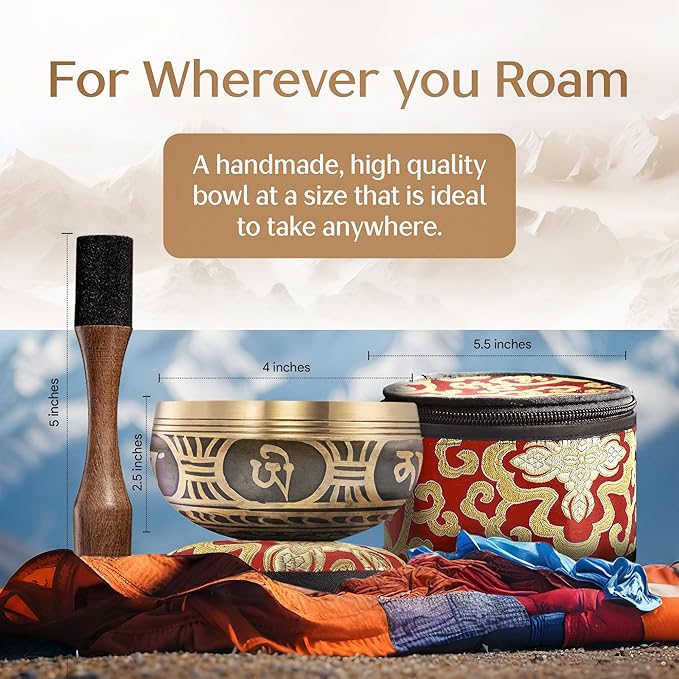 Handmade Tibetan Etched Singing Bowl Set with Case – Meditation Bowl & Sound Bowl with Cushion, Mallet & Guide – Portable Sound Therapy Tool – Sound Bath Accessories – Mindfulness Gift Ideas