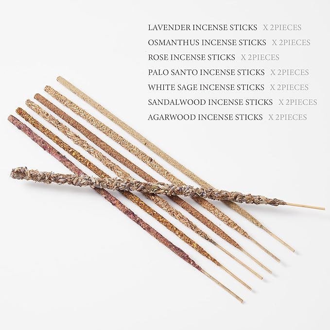 Incense Sticks – 14 Natural Sticks with 7 Scents: Palo Santo, White Sage, Lavender, Rose, Sandalwood, Agarwood & Osmanthus – for Meditation, Spiritual Use & Stress Relief Gifts