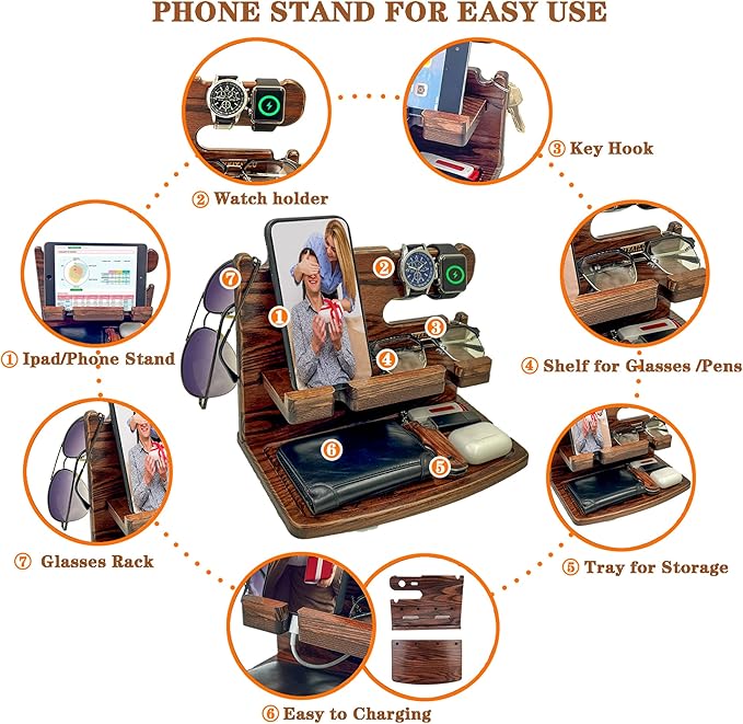 Gifts for Men from Wife Nightstand Organizer for Men Wood Phone Docking Station, Gift Ideas for Father's Day, Christmas, and Valentine's Day (Brown)