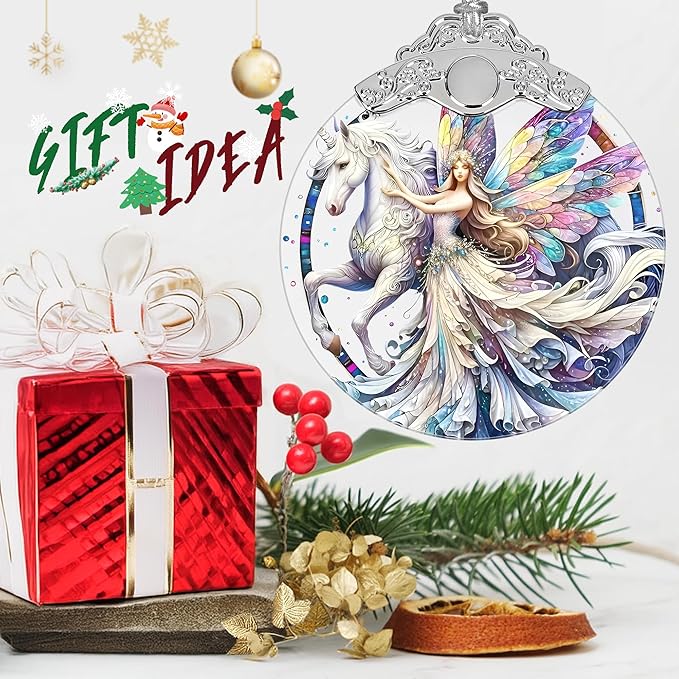 Unicorn and Fairy Stained Glass Orament - Christmas Ornament - Christmas Decorations for Tree - Holiday Present ldeas - Gift Exchange