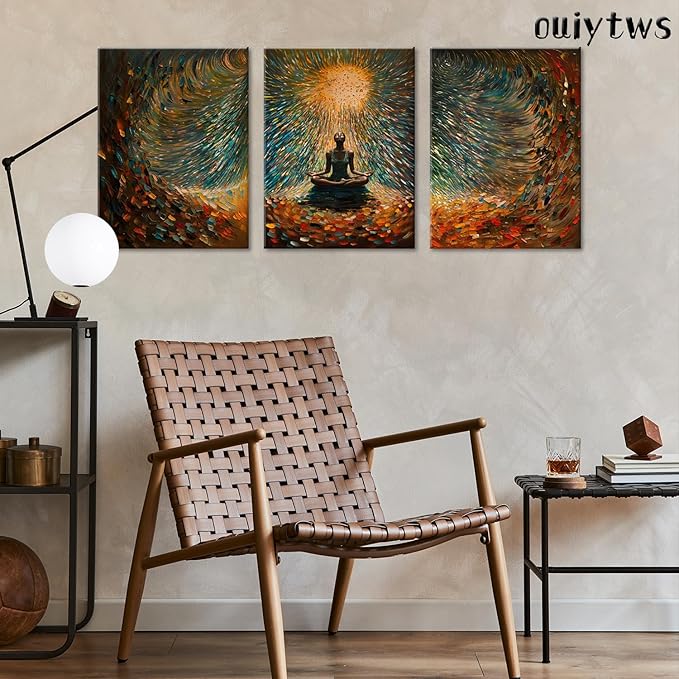 Framed Abstract Yoga Meditation Wall Art Set of 3Piece Canvas Poster Prints Painting, Vibrant Colorful Energy Flow, Tranquil Woman in Meditation for Home, Yoga Meditation Room,Office,Bedroom,16X24in