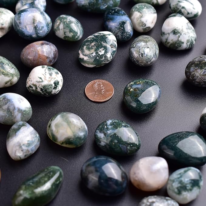 Polished Stone Set Moss Agate Crystals, 0.8" Handpicked Tumbled Gemstones Rocks, Pebbles for Reiki, Chakra, Healing, Home Decor