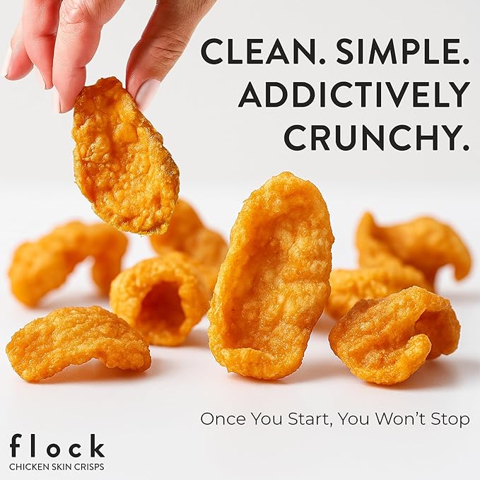 Flock Keto Chicken Skin Chips | Salt and Vinegar Flavor | Low Carb, High Protein, Sugar Free, Gluten Free Fried Chicken Skins for People | (2.5oz) 4-Pack Crispy Flock Chips
