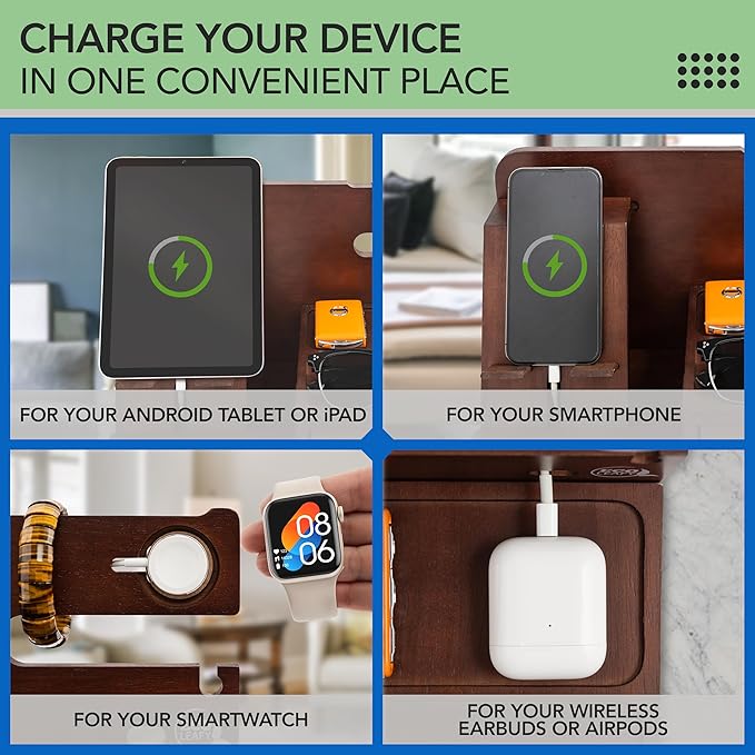 Nightstand Organizer- Bedside Docking Station for Men- Unique Gifts for Husband, Father or Dad from Wife, Son or Daughter- Desk Organizer for Phone, Watches, Wallet & Accessories (Brown)