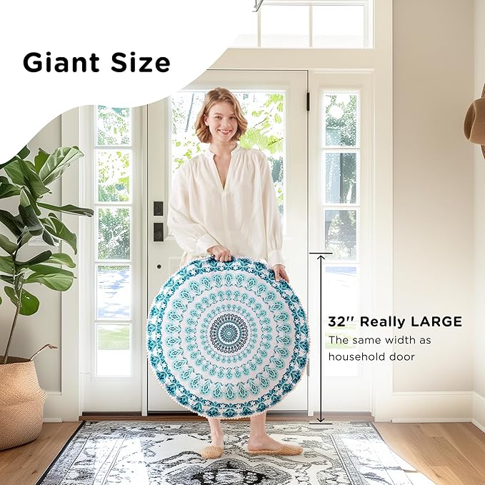 Codi Meditation Floor Pillow Set of 2, Round Large Pillows Seating for Adults, Bohemian Mandala Circle Cushion for Outdoor Fireplace Yoga Living Room, 32 Inch, Memory Foam Added, Aqua