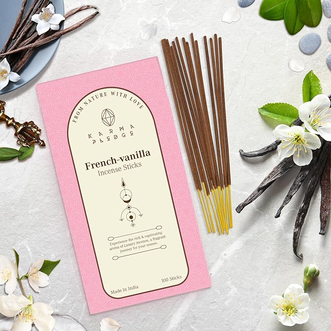 French Vanilla Incense Sticks, Organic Hand Dipped 100 Sticks with Natural Herbs & Aromatic Ingredients, Burn Time 45 to 60 Minutes, Incense for Positivity, Meditation, Relaxation, Spiritual Gift