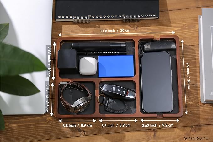 Shinpuru Wooden Valet Tray with Leather Inlay - Nightstand & Desk Organizer - EDC Essentials Catchall Tray for Keys, Phone, Wallet, Watch, Earbuds - Stylish Storage (Wood)