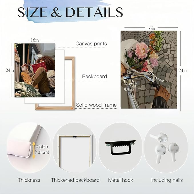 Modern African American Women Wall Art Set of 2,Cozy Reading & Bike Ride with Flowers Painting Canvas Prints,black woman Vintage Aesthetic Poster for Living Room, Bedroom, Office, Framed 16X24in