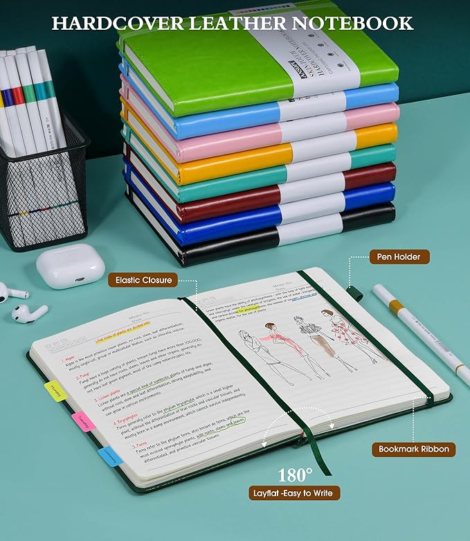 Lined Journal Notebook for Writing, A5 100 GSM Thick Paper, Leather Hardcover Journal for Woman Men, Travel Journal Diary 160 Pages(5.75'' X 8.38'' Darkgreen)