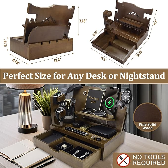 Nightstand Organizer for Men with Large Drawer, Birthday Gifts for Men, Phone Docking Station, Bedside Organizer for Nightstand for Apple Watch, Laptop (Brown, Solid Wood)