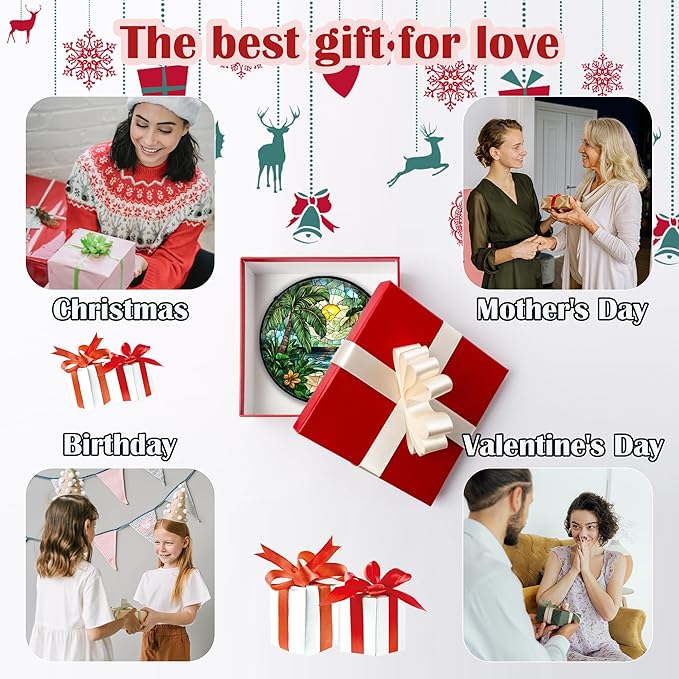 Stained Glass Window Hanging, Green Beach Scenery Suncatcher Diamond Glass Panel Hangings Sun Catchers Decor for Birthday for Women, Men, Wife, Aunt, and Mom 6.3 in