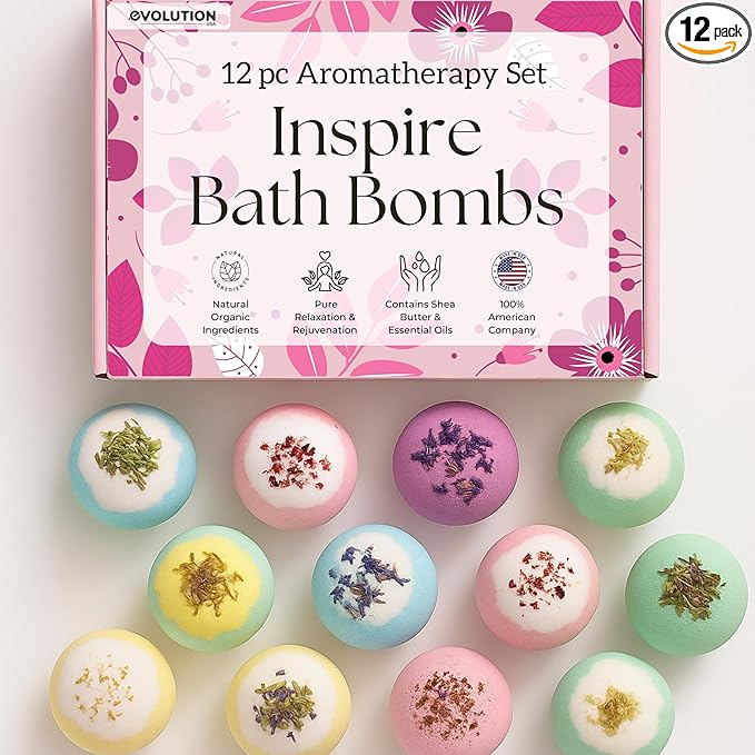 EvolutionUSA Inspire Bath Bombs for Women, 12 Gorgerous Flower Bath Bombs Topped with Dried Flowers, Luxurious Mother's Day Gift Set, Brithday Gift, Easter Gift or for Creating Lush Self Care Moment