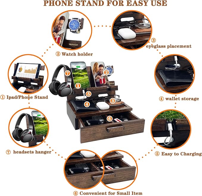 Gifts for Men Women Husband Son Boyfriend Him Nightstand Organizer Wood Phone Docking Station Birthday Gifts (Walnut)