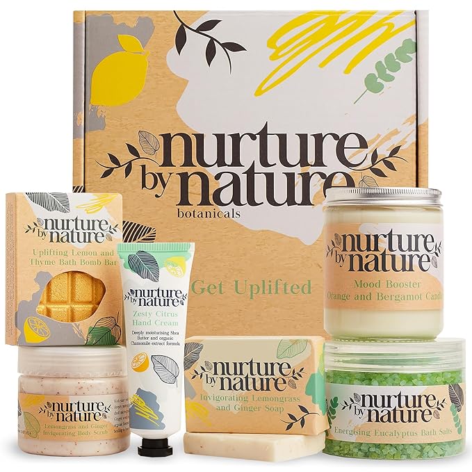 Nurture by Nature RELAX & UPLIFT Spa Kit for Women – Birthday Gifts for Women – 6 Piece Gift Basket with Hand Soap, Body Scrub, Hand Cream & More - Vegan Self Care Kit - Relaxation Gifts for Her