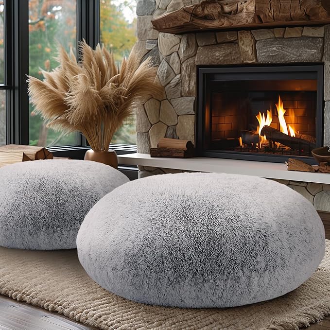Codi Faux Fur Floor Pillows, Fluffy Large Round Cushions Sitting for Adults, Decorative Fuzzy Pillow for Fireplace, Living Room, Christmas, 32 Inch, Light Grey