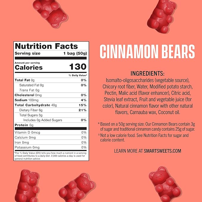 SmartSweets Cinnamon Bears Gummy Candy: 1.8oz (Pack of 14), Gummy Candy with Low Sugar, Low Calorie, No Artificial Sweeteners, Plant-Based, Gluten-Free, Healthy Snack for Kids & Adults