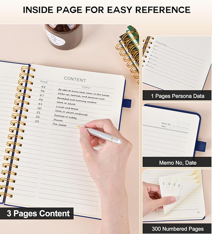 Large Spiral Notebook Journal for Women Men - 300 Numbered Lined Pages, College Ruled, A4 Hardcover Spiral Bound Notebook for School, Work, Note Taking, Writing, Leather Spiral Journal 8.5"x11"