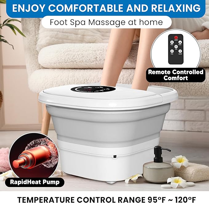 Collapsible Foot Spa Bath Massager with 2025 Upgraded Rotary Shiatsu Taiji Pad for Comfort, Heat, Remote Control, Water Jet, Infrared, and Pedicure for Stress Relief - White