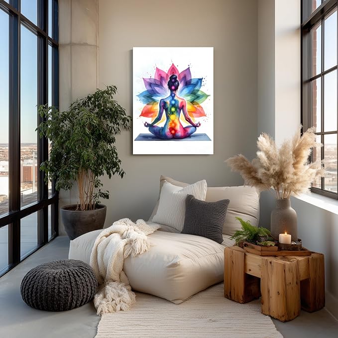 GELDSTEI Framed Zen Wall Art, Chakra Yoga Wall Decor, Colorful Meditation Poster Print, Spiritual Canvas Painting, Vibrant Meditating Woman Aesthetic Picture for Living Room Yoga Studio 12"x16"