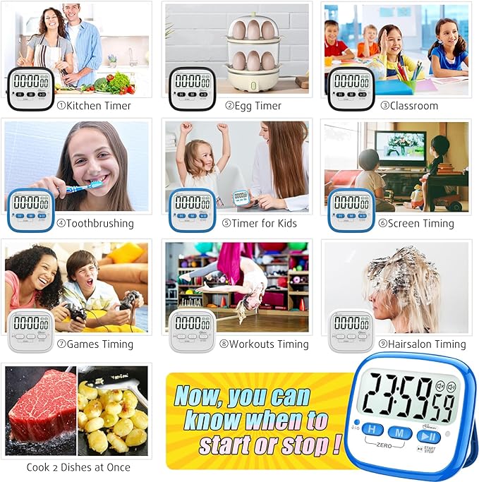 2-Pack Magnetic Kitchen Timers for Cooking, Digital Stop Watch Countdown Timer for Kids, Teachers, Classroom, Office, Exercise - Battery Included