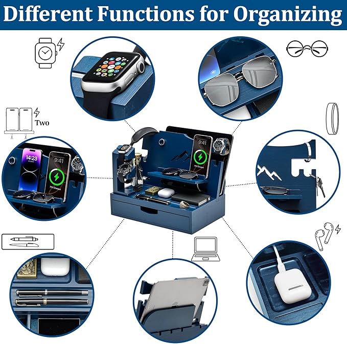 Nightstand Organizer for Men with Large Drawer, Birthday Gifts for Men, Phone Docking Station, Bedside Organizer for Nightstand for Apple Watch, Laptop (Blue, Solid Wood)