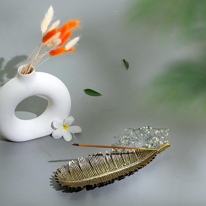 Raajsee Incense Holder Set with Nag Champa Incense Sticks 15gm, Leaf Insense-Stick Holder, Brass Incense Burner,Modern Stick Incente Holder for Yoga, Meditation,Home Décor Size 10x4 inches GOLD