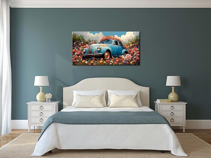 ZESTRILIA Car Wall Art Flower Canvas Paintings Old Shabby Garden Floral Artwork Rustic Landscape Picture for Country Farmhouse Living Room Bedroom Home Office Kitchen Décor (23x46inch)
