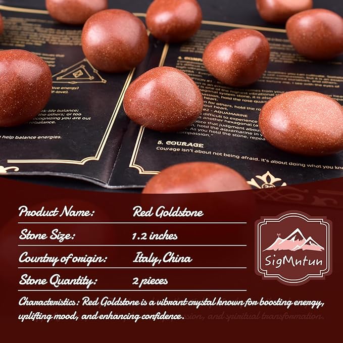 Polished Red Goldstone Crystal Stones - 2 Pcs of 1.2" Worry Stone for Anxiety, Pocket Palm Stone Super Large Handpicked Natural Tumbled Gemstones for Meditation, Reiki, Chakra Healing, Home Decor