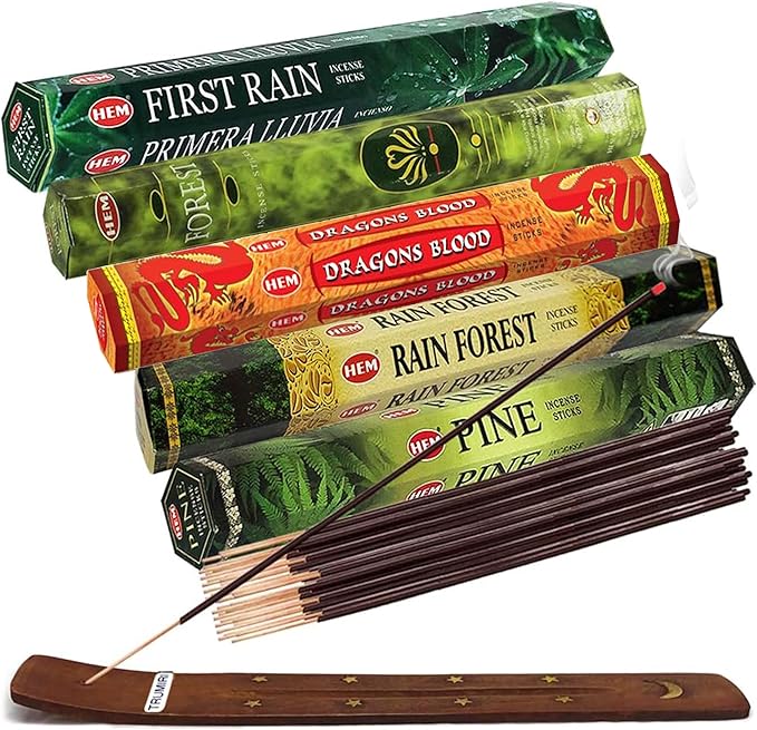 Hem Incense Sticks Variety Pack #12 and Incense Stick Holder Bundle with 5 Forest Themed Fragrances