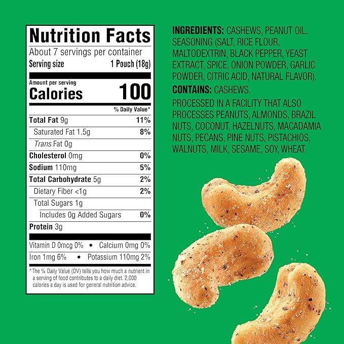 Emerald Nuts, 100 Calorie Packs, 7 Count, Salt & Pepper Cashews, 4.34 Oz