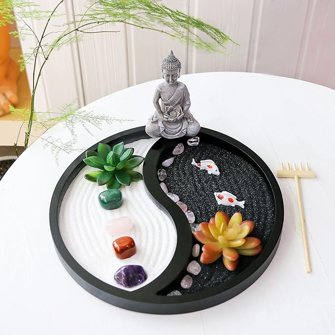 Buddha Meditation Zen Garden Kit - Home Office Tabletop Taiji Yin Yang Sand Garden Altar Zen Decor Zen Gifts DIY Mini Chakra Crystal Quartz Rock Garden w/ Nature Healing Stone Rake Tool