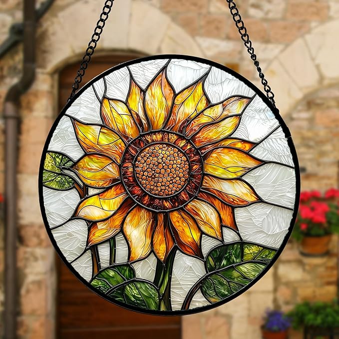 Stained Glass Window Hanging - Sunflower Flower Suncatcher Ready to Hang Window Doors Home Decoration and Christmas, Mother's Day Birthday Gifts for Women, Men, and Mom 7.8x7.8 in
