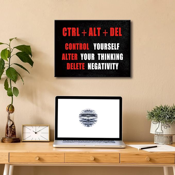 Pyradecor Black Red and White Motivational CTRL+ALT+DEL Classroom Positive Quotes Inspirational Poster Canvas Prints Wall Art for Office Living Room Home Decorations