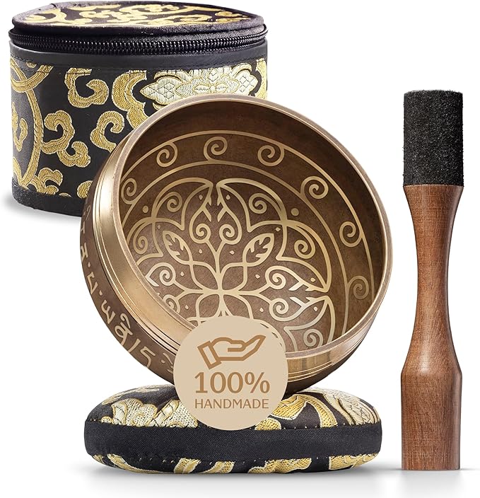 Handmade Tibetan Etched Singing Bowl Set with Case – Meditation Bowl & Sound Bowl with Cushion, Mallet & Guide – Hand-Tuned Meditation Bowl for Relaxation – Yoga Relaxation Accessories