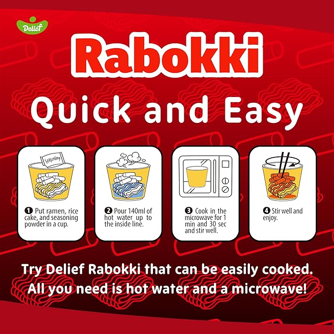 DELIEF Rabokki Hot Chicken Flavor 165g/5.82oz - Pack of 1, Korean Street Food, Ramen Noodle and Tteokbokki Rice Cake Combined in 1 - Quick and Easy Meal