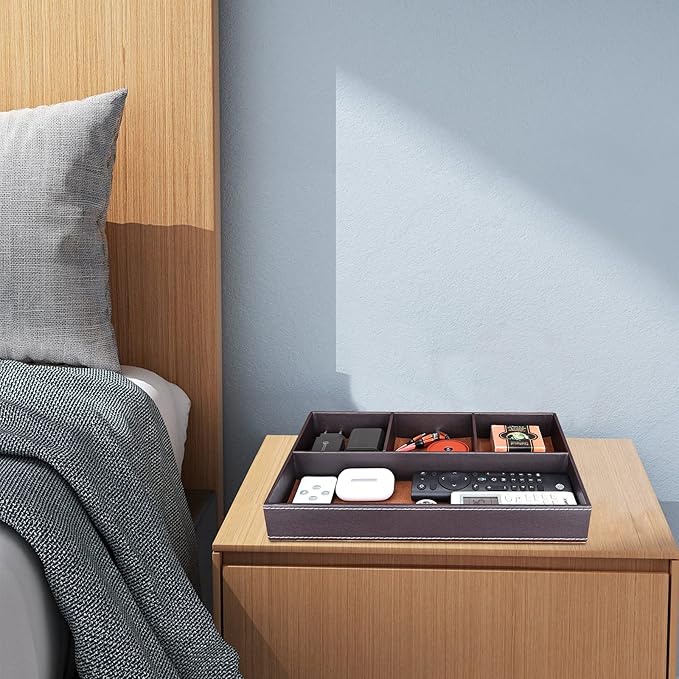 GORESE 2 Pieces Faux Leather Valet Tray for Men, Stackable Jewelry Trays for Drawers, Mens Dresser Top Organizer for Key, Wallet, Sunglass, Watch, Coin, Phone, Nightstand Bedside Tray Brown