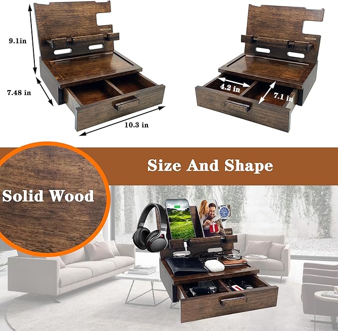 Gifts for Men Women Husband Son Boyfriend Him Nightstand Organizer Wood Phone Docking Station Birthday Gifts (Walnut)