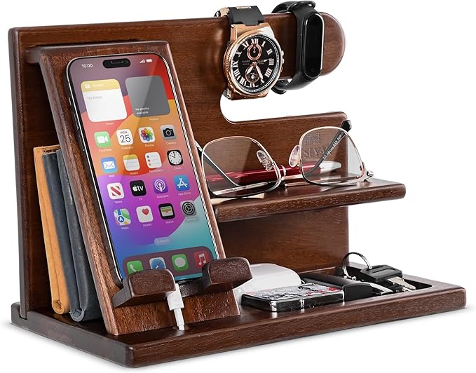 TESLYAR Wood Phone Docking Station for Men - Desktop or Nightstand Organizer - Birthday Gifts for Men, Dad - Anniversary Idea from Wife - Key Holder, Stand Wallet, Watch & Essentials (Chestnut)