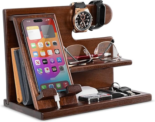TESLYAR Wood Phone Docking Station for Men - Desktop or Nightstand Organizer - Birthday Gifts for Men, Dad - Anniversary Idea from Wife - Key Holder, Stand Wallet, Watch & Essentials (Chestnut)