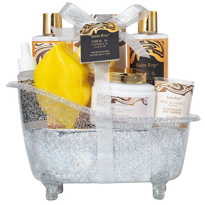 Spa Gift Basket, Luxury bath kit Christmas Gifts for Women, Bath and Body Almond Milk Vanilla Spa Gifts for Women, Bath Gift Set Shower Gel, Scent Lotion, Lip Mask, Birthday Holiday Bridal Shower
