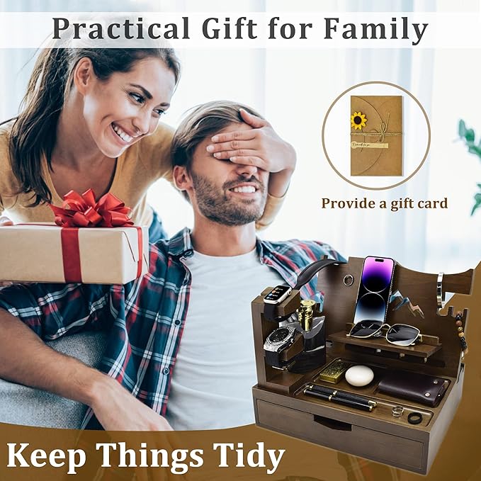 Nightstand Organizer for Men with Large Drawer, Birthday Gifts for Men, Phone Docking Station, Bedside Organizer for Nightstand for Apple Watch, Laptop (Brown, Solid Wood)