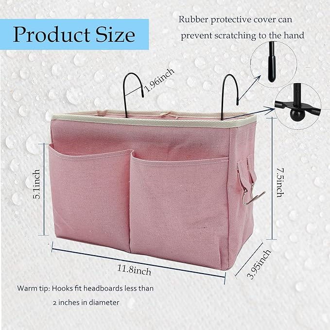 2-Pack Bedside Caddy Bedside Hanging Storage Basket Multi-Function Organizer Caddy for Bunk and Hospital Beds Dorm Rooms Bed Rails, Can be Placed Glasses Books Mobile Phones(2 pcs pink)